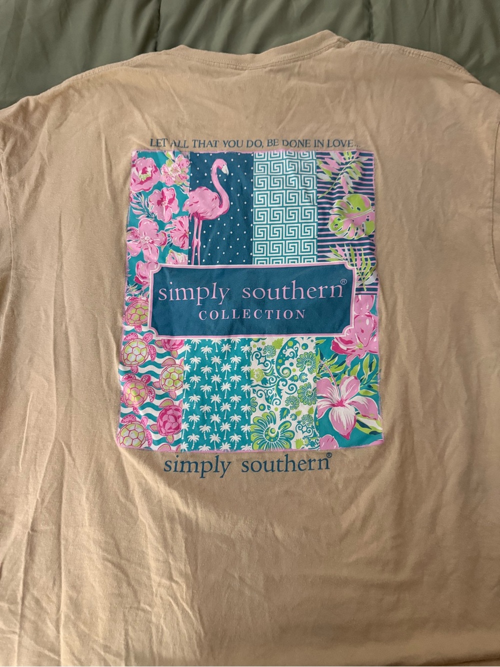 Simply Southern Beige Tee with Teal & Pink Patchwork Graphic